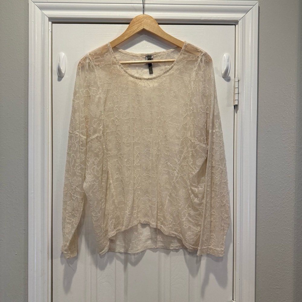 XCVI Blouse Long Sleeve Lace Mesh Ivory Off White Nylon Sheer Boho Layering XL